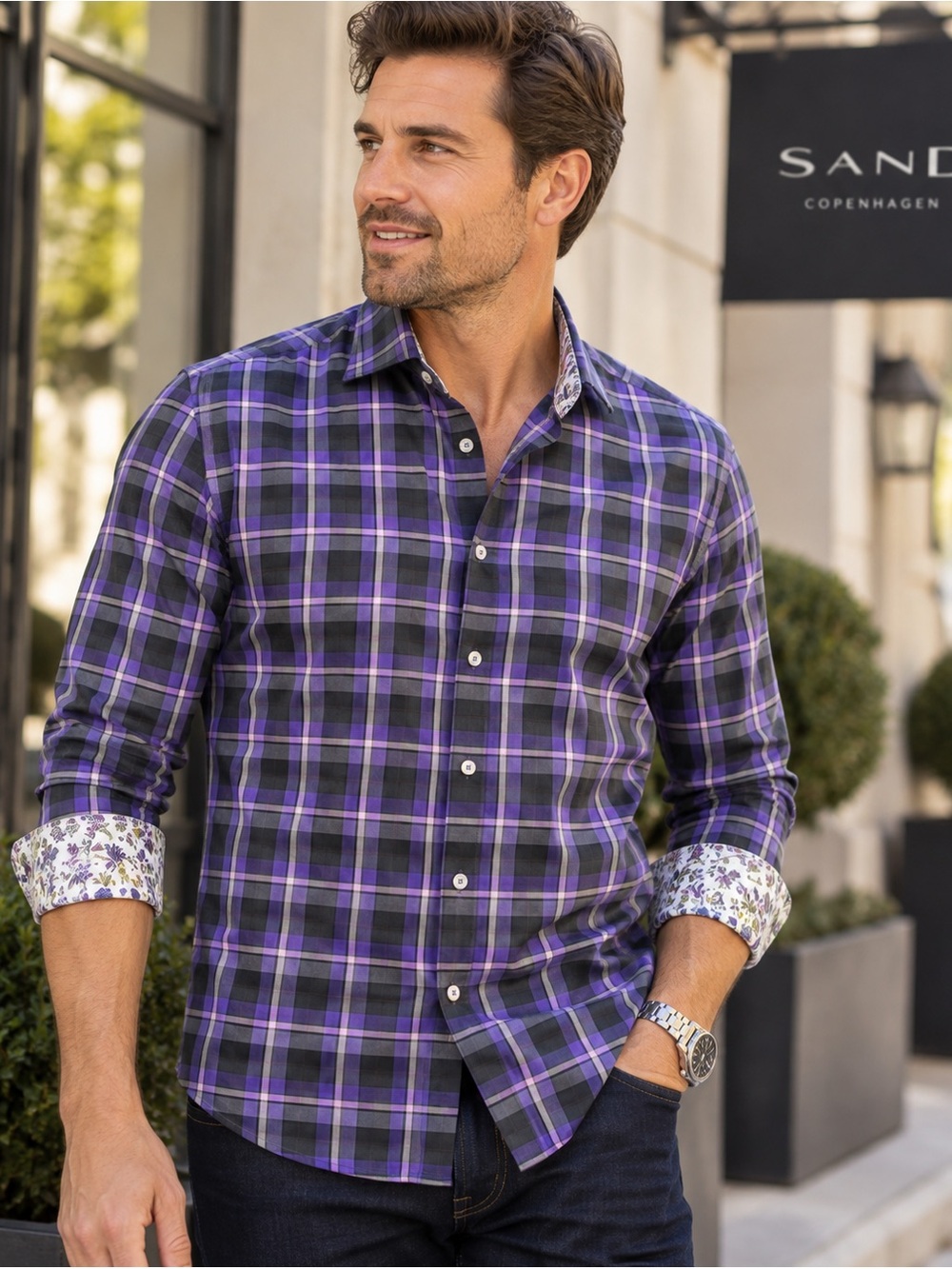 SAND Copenhagen Men’s Plaid Shirt Size 40 Purple Gray Floral Cuffs Cotton